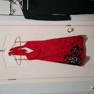 Red retro style dress with black and white rose motif Le Chateau size m